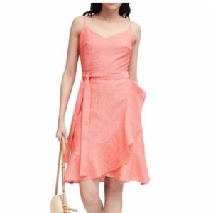 NEW Banana Republic Linen Cotton Wrap Ruffle Dress in Coral